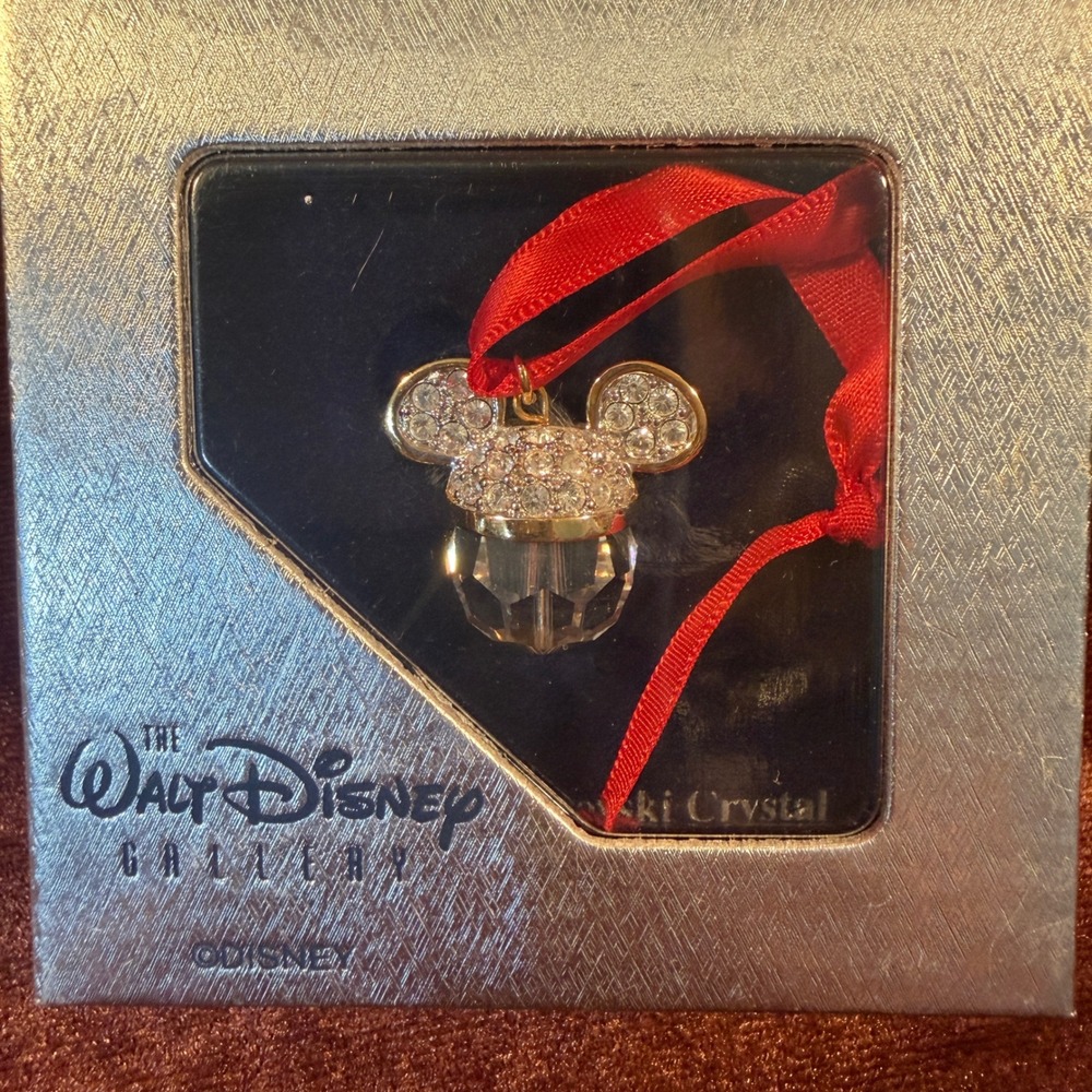 Walt Disney Gallery Mickey Mouse Swarovski Crystal Ornament Gold Tone Red Ribbon